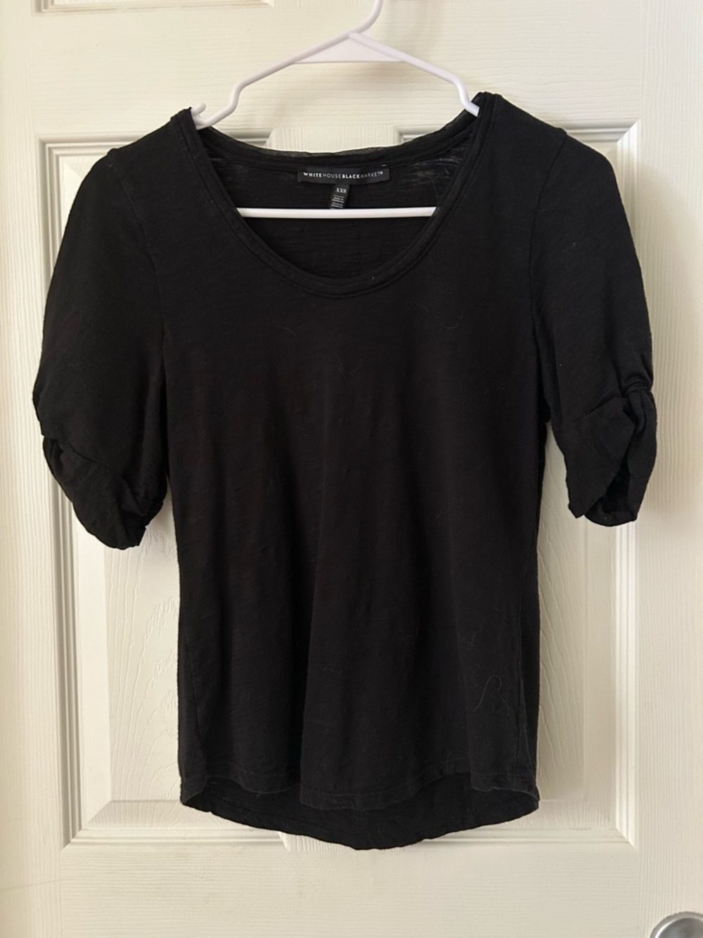 White House Black Market Black Short Puff Sleeve Scoop Neck Top